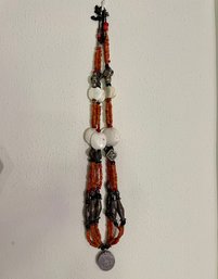 Vintage Long Multi Strand Red Coral Beaded Necklace With Hanging Amulet