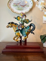 Chinese Warrior On Horseback With Wooden Stand - Signed