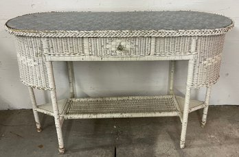 Antique Oval One Drawer Glass Top Wicker Vanity