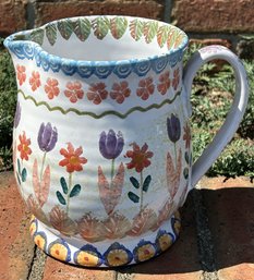 Vintage Mid Century NORDSTROM Terra Cotta Floral Painted Pitcher