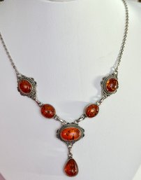BEAUTIFUL STERLING SILVER AND AMBER DROP DANGLE NECKLACE