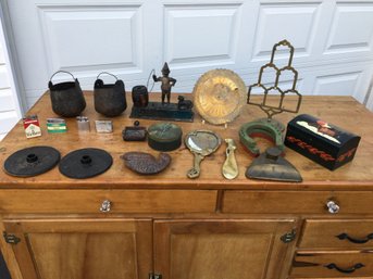 Fantastic Grouping Of Small Antique Items And Curiosities - Iron Bank, Lighters, Inkwell Other Vintage Items