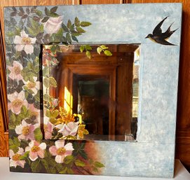 Vintage Wall Mirror With Original Oil Painting On Wide Solid Wood Frame