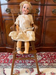 Antique Porcelain Doll With High Chair. 21' Tall