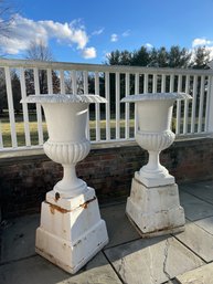 Spectacular Pair Of Tall Antique Cast Iron Urns On Plinth Bases . 46' Tall