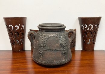 Vintage Earthenware Vessels And Candle Sconces From West Africa