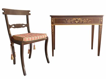 A Vintage Inlaid Marquetry Vanity Table And Chair In Federal Style