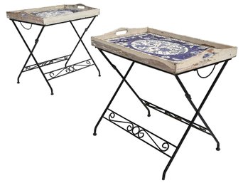 A Pair Of Vintage Pique Assiette Tray Top Side Tables On Wrought Iron Bases