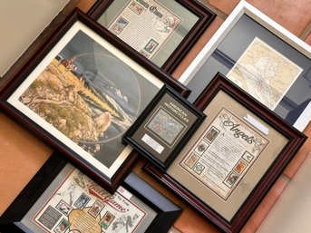 Framed Commemorative Stamps - 'E' Trains, Iraq, American Motorcycles, Santa Clause, Angels, And More