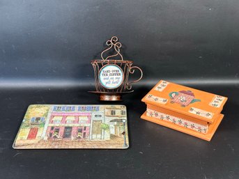 Decorative (and Useful) Kitchen Items: Wall Art, Cutting Board & Tea Box