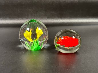 A Wonderful Pair Of Vintage Art Glass Paperweights With Floral Blooms