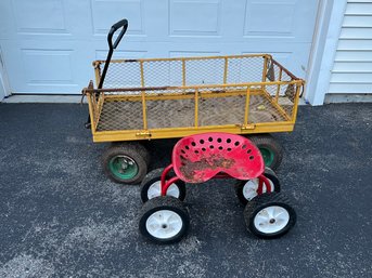 Large Metal Garden Wagon And Metal Gardening Seat