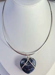 STERLING SILVER BLUE STONE HEART ON OMEGA NECKLACE