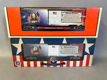 NIB Lionel Trains: Thomas Jefferson Presidential Box Car & Benjamin Harrison Box Car, 6-39340 & 6-84930