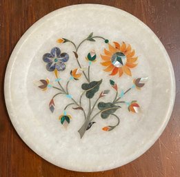 Vintage Alabaster Plate With A Stone Inlay Floral Design