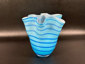 A Striped Vintage Art Glass Handkerchief Bowl In Blue