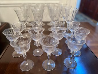 Collection Of Vintage Quality Glass Stemware 12 Waters And 11 Cordials