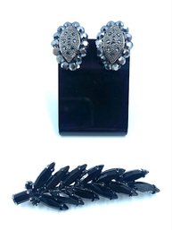 Fantastic Marcasite & AB Coated Jet Rhinestone Earrings Plus Jet Wheat Brooch