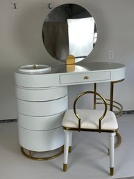 Gloss White Statement Dressing Table With Gold Trim And Matching Gold Chair. Swing Out Drawers And Bin