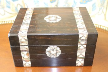 Dark Wood Box With Mother Of Pearl Decorations 9 X 11.5 X 6H With Hinged Lid