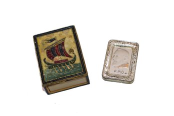 Beautiful Enamel Match Box Holder And Small P. Pio Portrait