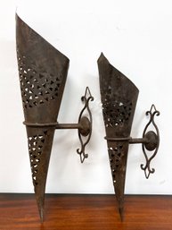 A Pairing Of Pierced Tin Candle Sconces