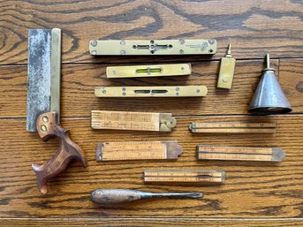 Antique Tool Collection Including Bowdon & Co Handsaw And Brass Torpedo Levels