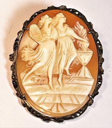 Vintage Sterling Silver Carved Shell Cameo Brooch W Winged Women