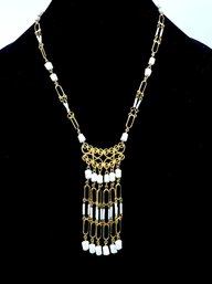 Vintage Goldtone W/ White Bead Tassel Pendant Necklace