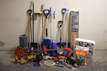 Tool Lot With Shovels, Trimmer, Fan, Extension Cords, Flooring And More