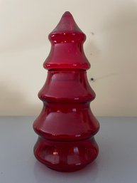 Vintage Red Glass Christmas Tree Candy Apothecary Jar