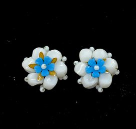 Vintage Milk Glass Button Earrings W/ Blue Accents