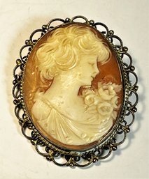 Sterling Silver Vintage Hand Carved Cameo Brooch 1920s