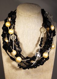 Vintage 1980s Plastic Multi Strand Choker Necklace Faux Pearls Black Plastic