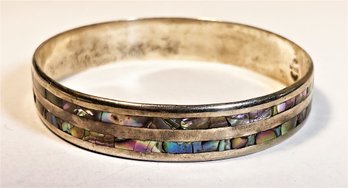 Large Vintage Sterling Silver Bangle Bracelet Inlaid Abalone Shell