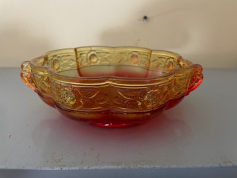 Vintage Aztec Rose Amberina Jeannette Glass Co Candy Dish With Handles