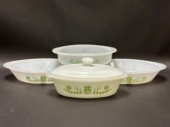 An Assortment Of Vintage Mid-Century Glasbake, Green Daisy Pattern