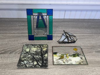 Pair Of Painted Glass Panels, Sailboat, Picture Frame