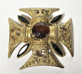 Signed Florenza Gold Tone Costume Brooch Having Amber Glass Stone Maltese Cross