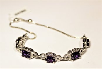 Very Fine Sterling Silver Bracelet Having Genuine Amethyst Stones 10' Long