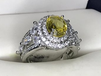 Stunning 925 / Sterling Silver Ring With Sparkling Yellow Topaz And Encrusted With Gleaming White Zircons