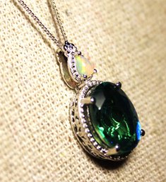 Sterling Silver Palladium Necklace Pendant Tourmaline & Opal Stone 20' Necklace