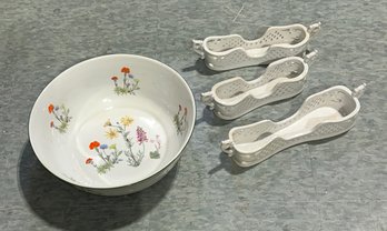 Lovely Philippe Deshoulires Bowl With Flowers And 3 Ceramic Lattice Utensil Holders