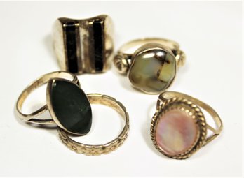 Lot Five Vintage Sterling Silver Rings Onyx Stone And Fancy Band