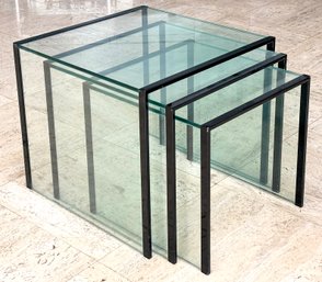 A Set Of 3 Italian Modern Glass Nesting Tables On Metal Frames, C. 1970's