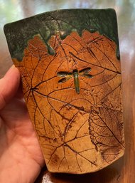 Art Pottery Vase With Dragonfly And Leaf Design