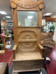 Beautiful Antique Hall Tree With Bench Seat Storage