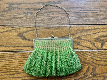 Fantastic Antique Suede Lined Green Beaded Evening Bag