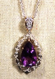 Sterling Silver And Palladium And Gold Fancy Amethyst Pendant On 20' Long Chain