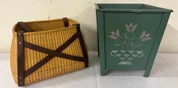 Woven Basket And Paint Decorated Metal Waste Basket